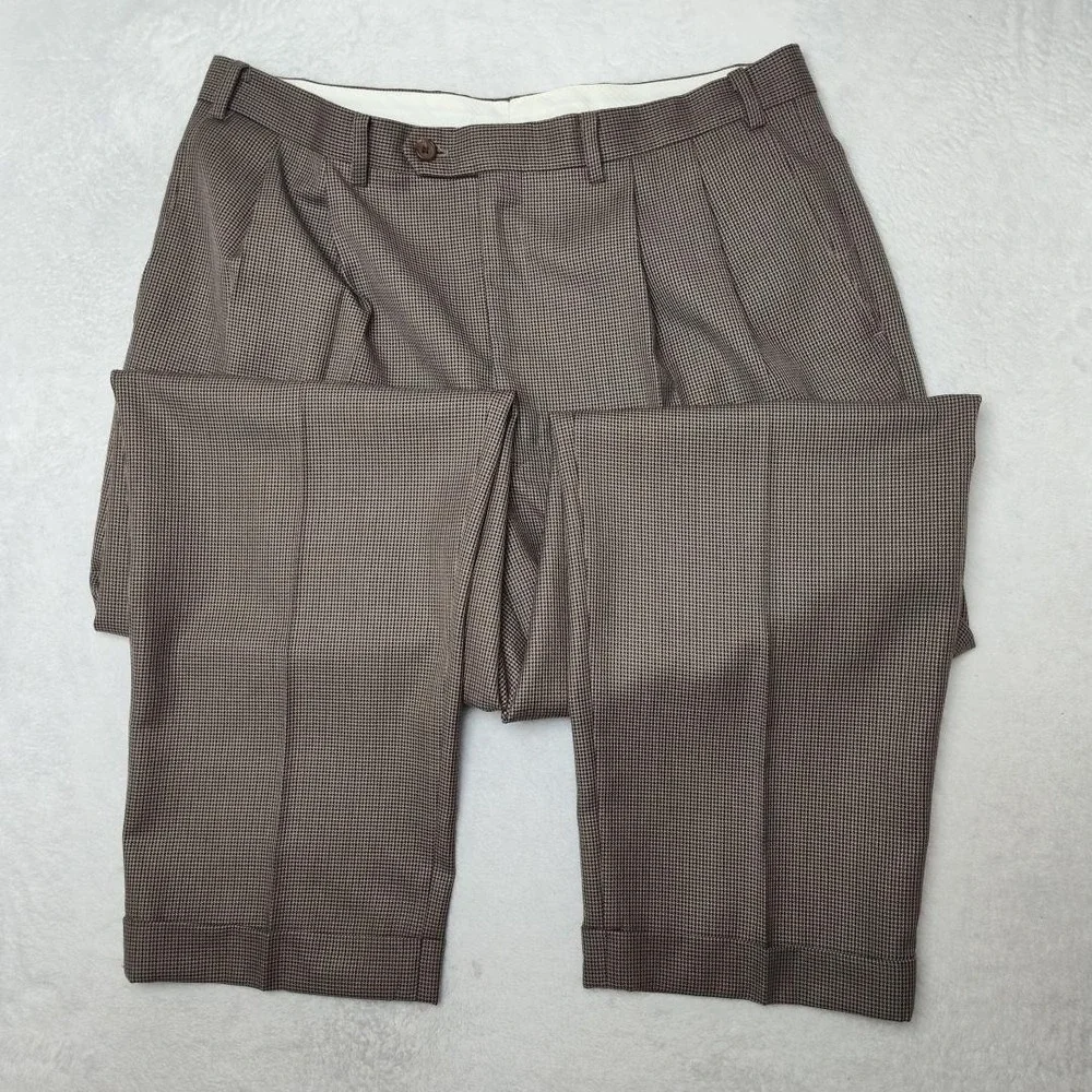 Ralph Lauren Pants Mens 36x29 Brown Tweed Polyester Viscose Pleated Dress Slacks